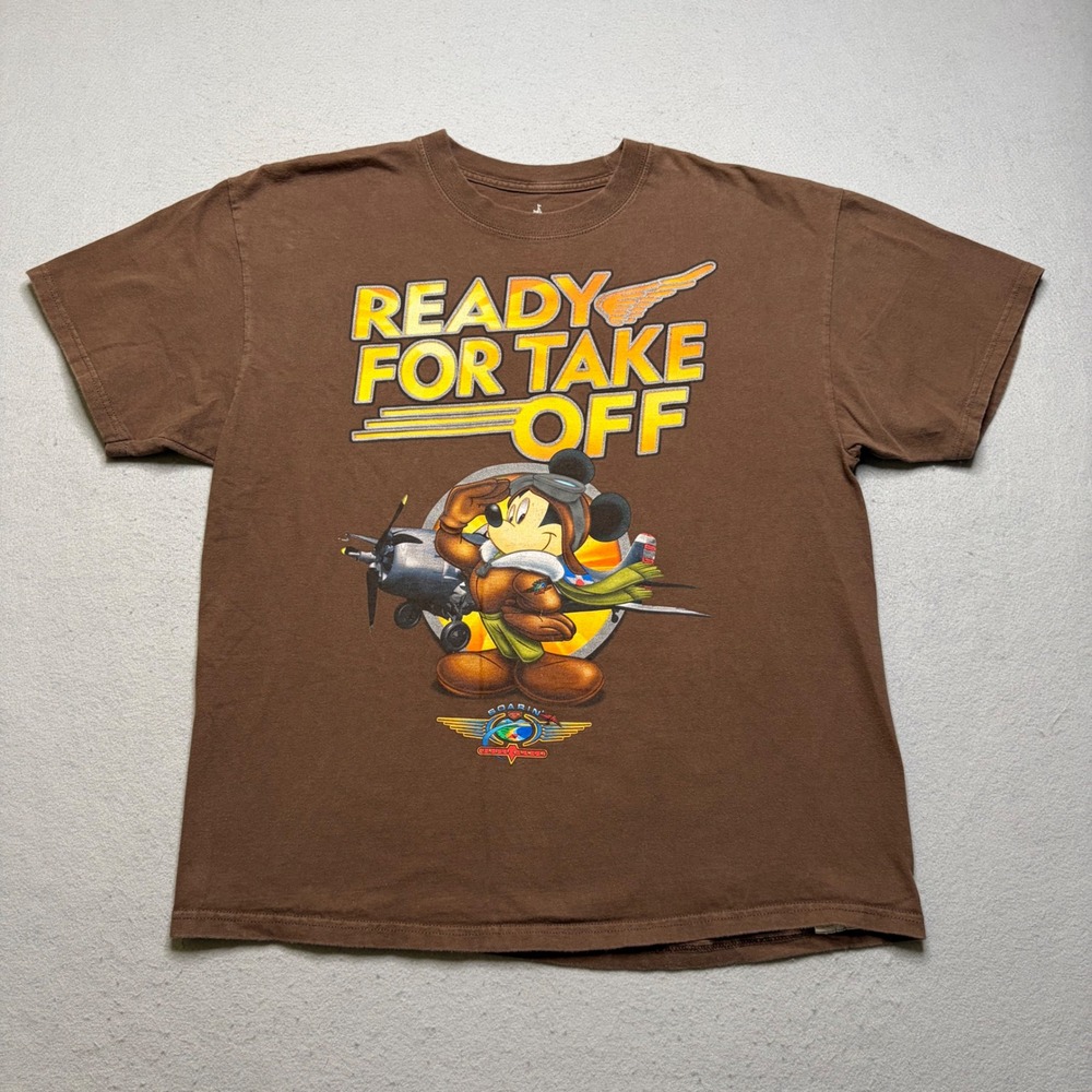Disney T-Shirt Mens XL Brown Soarin Over California Mickey Mouse Pilot Graphic